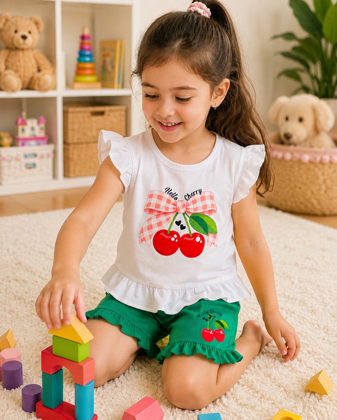 ست دخترانه تاپ و شلوارک گیلاسی  لباس راحتی دخترانه کد2643