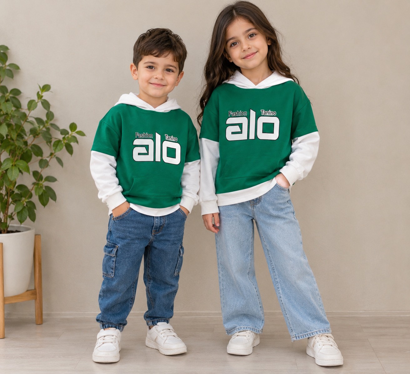 هودی تک رنگ سبز اسپرت بچه گانه ۲۶۷۳