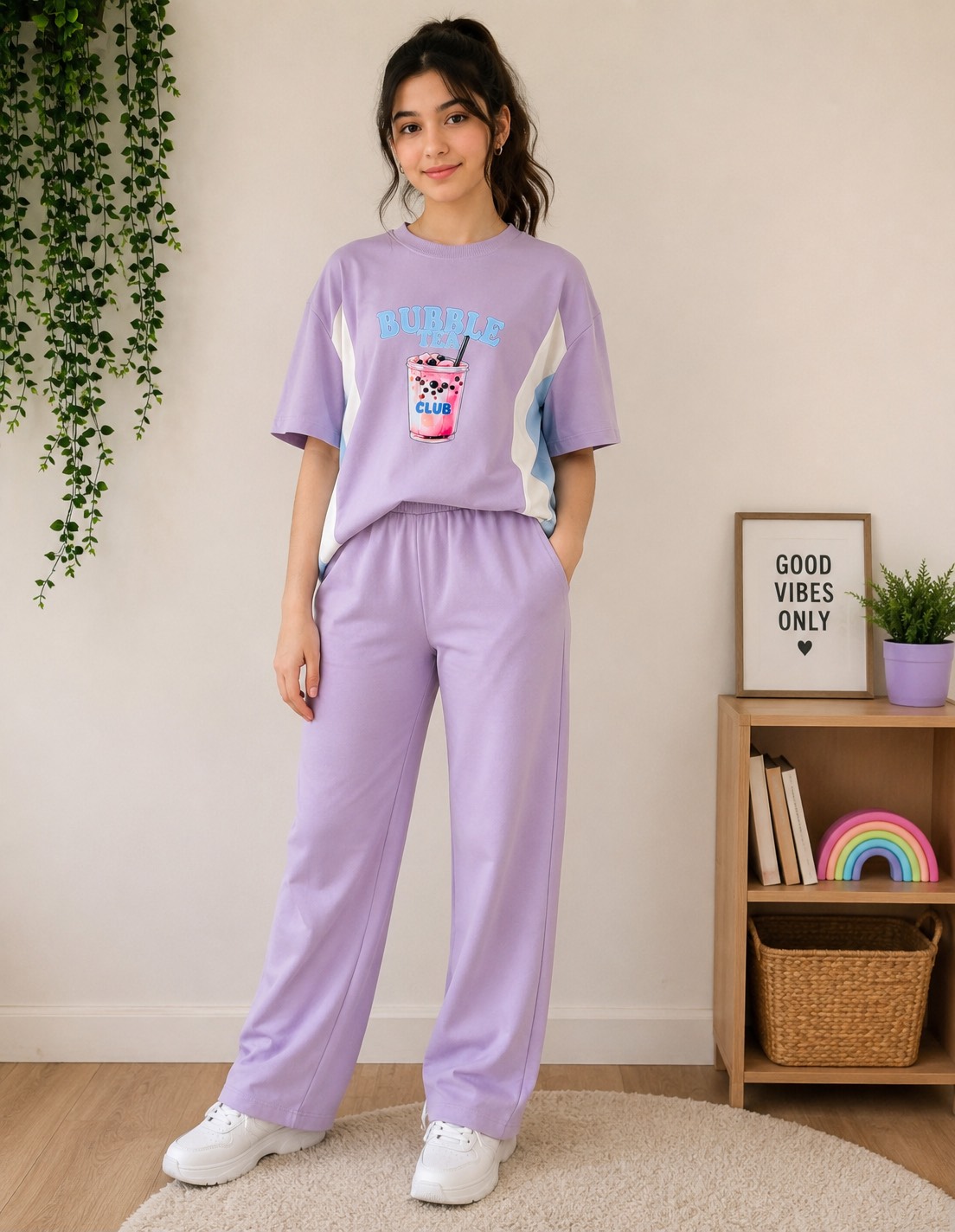 ست تیشرت و شلوار دخترانه یاسی Bubble Tea | راحتی و استایل اسپرت نوجوان کد ۲۶۱۸