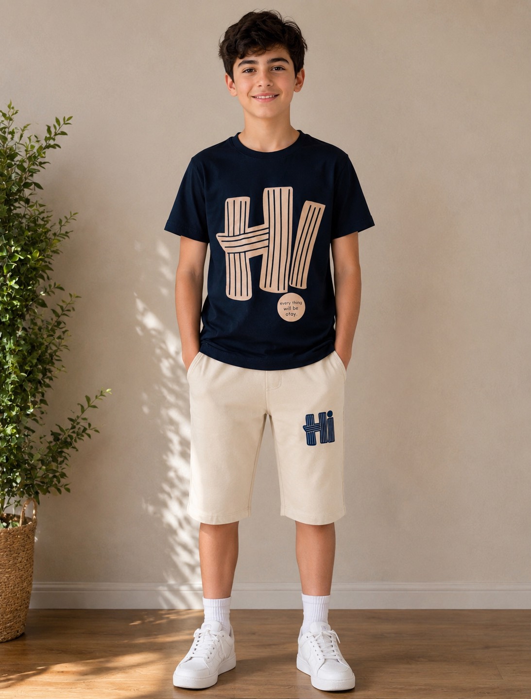 ست تیشرت و شلوارک اسپرت  دخترو پسر طرح Hiکد ۲۶۲۴