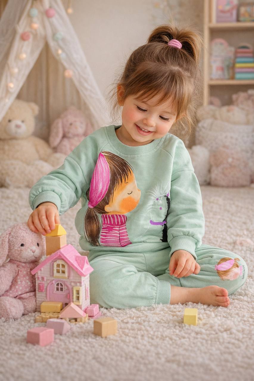 ست بلوز و شلوار دخترانه طرح دخترو گربه  کد ۲۴۳۸